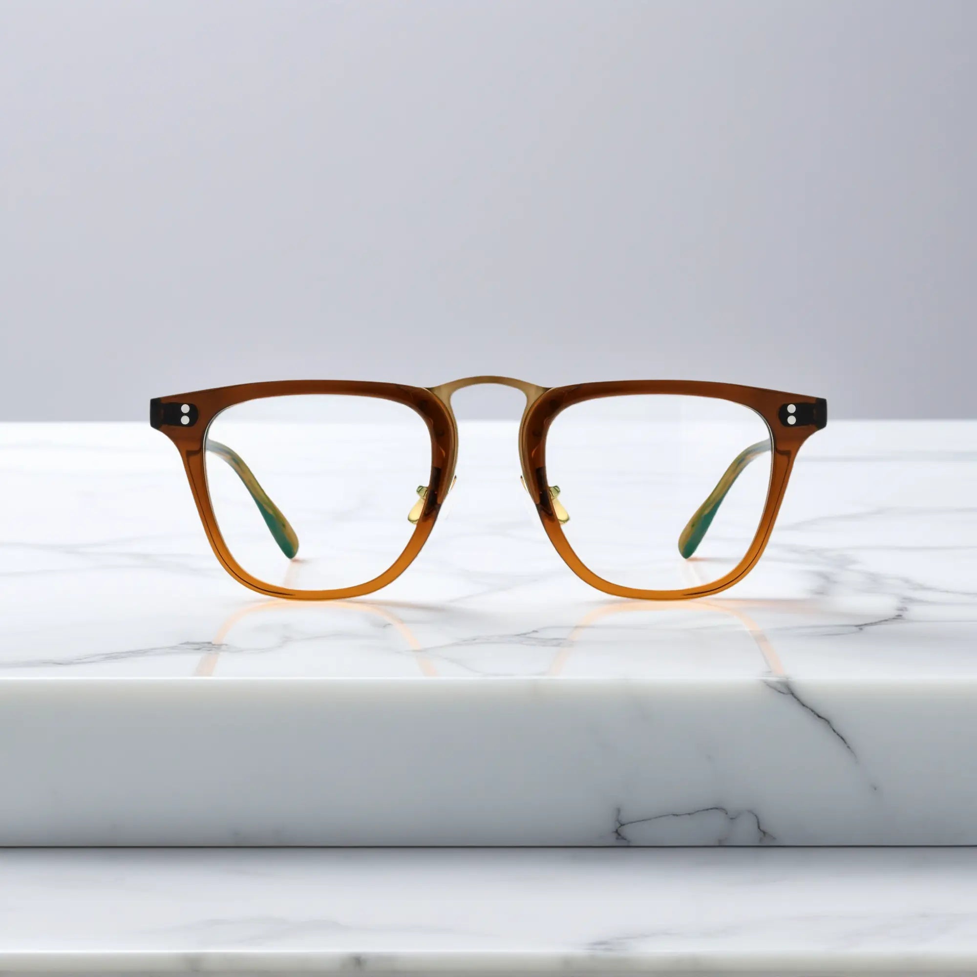 Front-facing view of VoyueLens™ VL19214 brown acetate square eyeglasses showcasing polished frame details and bold silhouette.